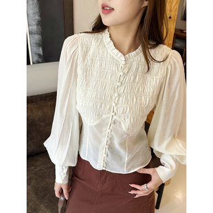 长袖 翻单爆款 气质百搭棉衬衫 宫廷风收腰打揽修身 上衣女 温柔法式