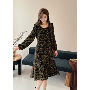 黑色碎花圆领长袖 新装 连衣裙女气质显瘦百搭中长裙 秋季 14mm双绉