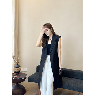 丝毛重乔长款修身马甲外套高级感桑蚕丝羊毛拼接显瘦无袖坎肩气质