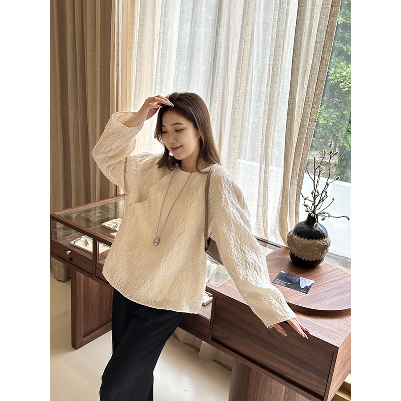 新中式亮皮花绸上衣女圆领斜襟复古设计光泽感提气质宽松显瘦遮肉