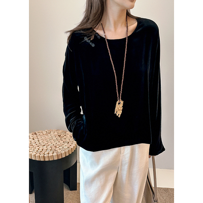 盘扣连肩丝绒上衣手工盘扣显古韵通勤约会都能穿搭温柔显贵又好穿