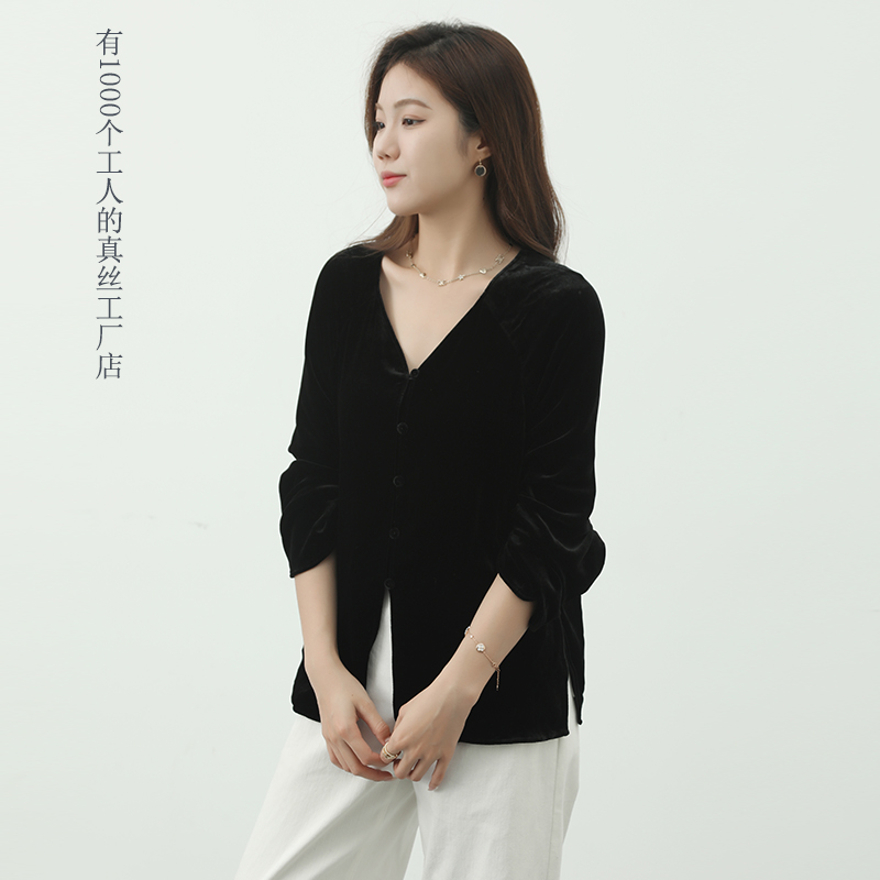 法式复古设计感真丝丝绒黑色气质衬衣2024秋新款V领长袖开衫上衣