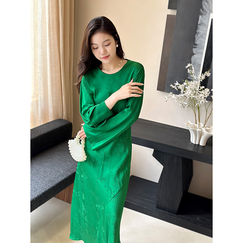 婉约之美~新中式高腰气质圆领中长裙斜裁收腰长袖显瘦提花连衣裙