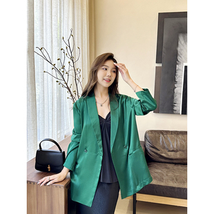 高级感复古祖母绿19mm真丝缎垂感缎面一字口袋休闲宽松西装 外套女