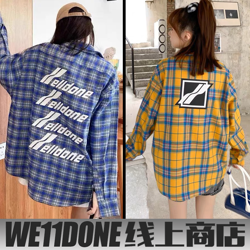 WELL衬衫女徽章大方块黄色格子长袖宽松潮牌done衬衣外套