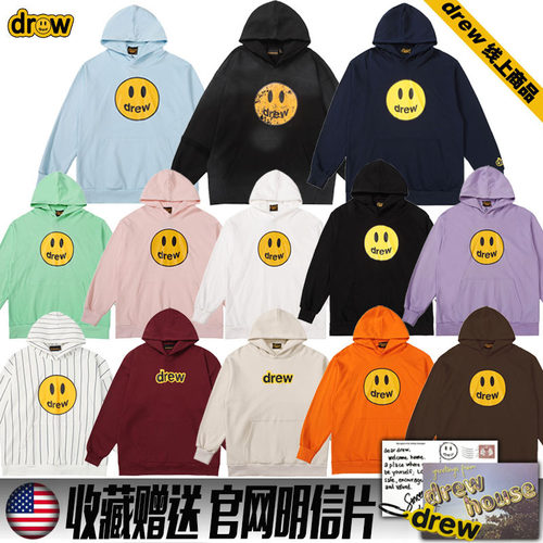 Drew笑脸卫衣美式宽松女秋冬季薄款纯棉情侣装加绒休闲连帽外套男