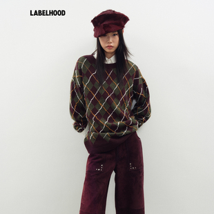 2025秋冬新款 蕾虎钩线深紫绿菱格纹毛织套头衫 LIN 女装 JUNWEI