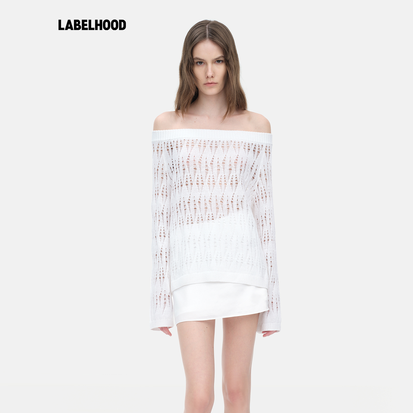 YIRANTIAN带子纱一字领针织上衣