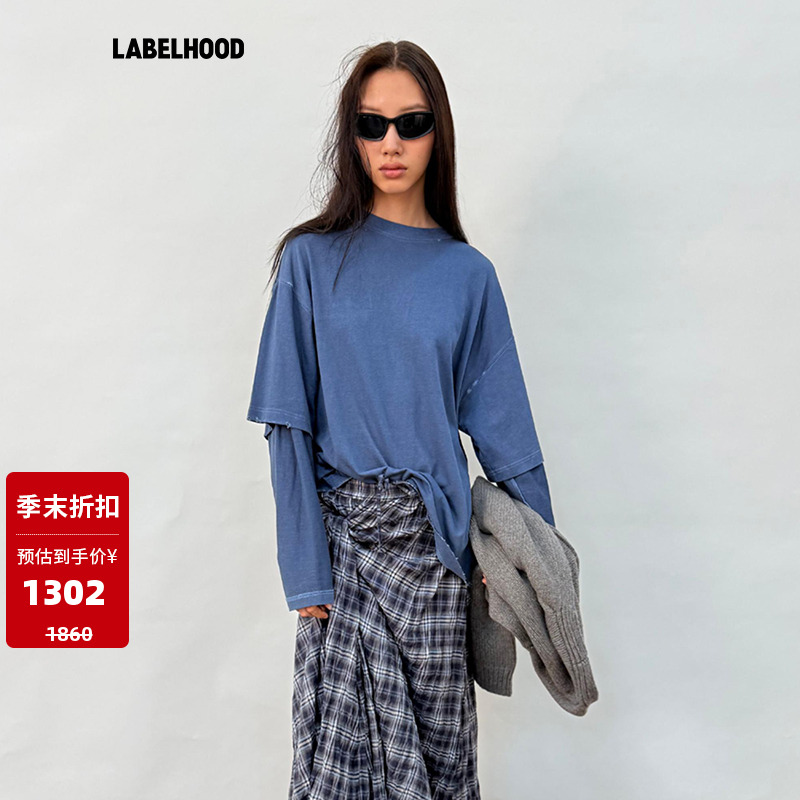 對倒蓝色旧化拼接运动衫