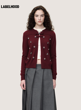 【WMWM】蕾虎花朵钉钻羊毛开衫2025秋冬新款女装上衣圣诞氛围红