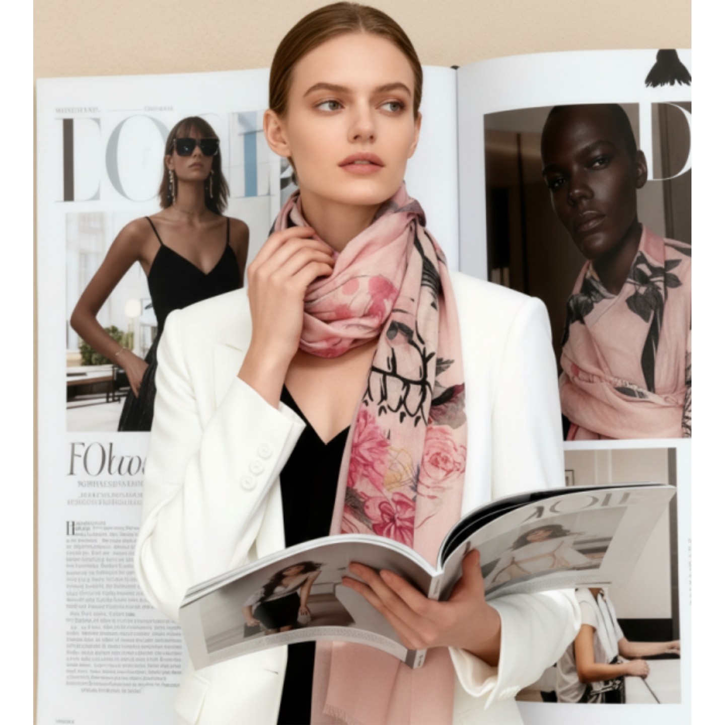 HTB 骷髅头印花羊绒羊毛粉色围巾春秋薄款披肩外搭两用冬季女保暖