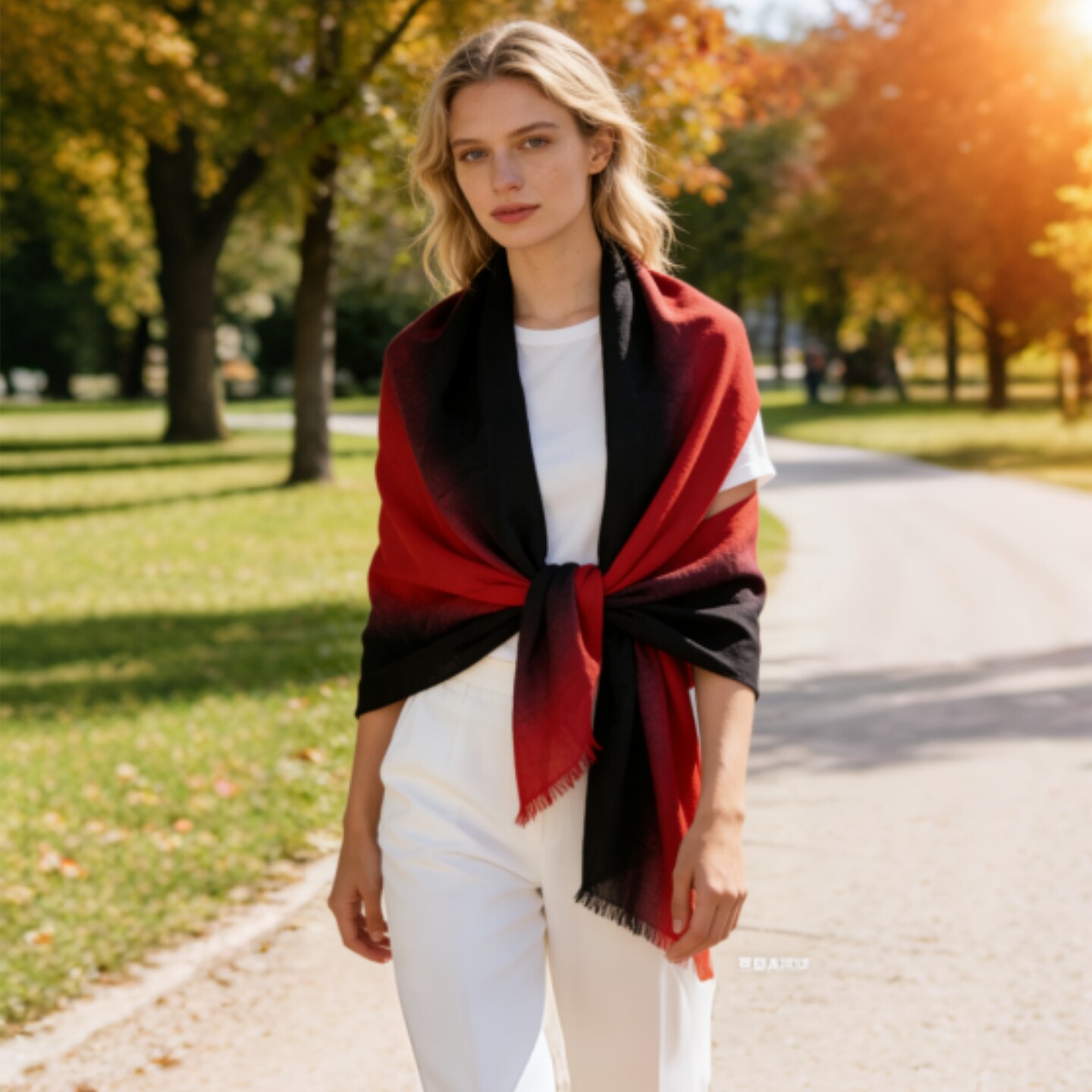 HTB 春秋红黑渐变色长方形夏季披肩外搭百搭围巾女薄款多功能时尚