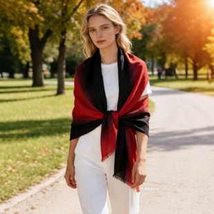 HTB 春秋红黑渐变色长方形夏季披肩外搭百搭围巾女薄款多功能时尚