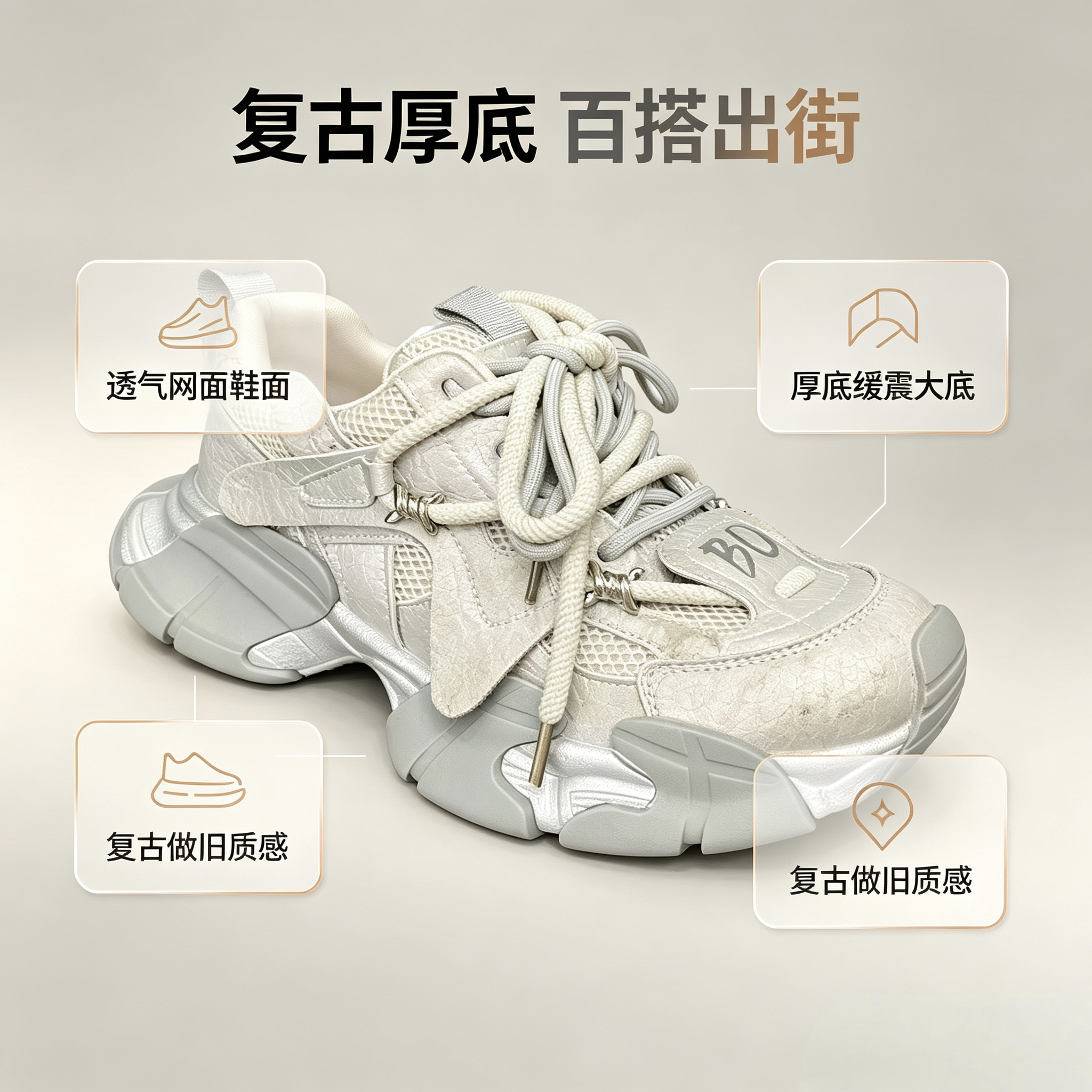 秋季新款复古做旧老爹鞋男厚底增高网布透气机能风牛仔裤搭配潮鞋