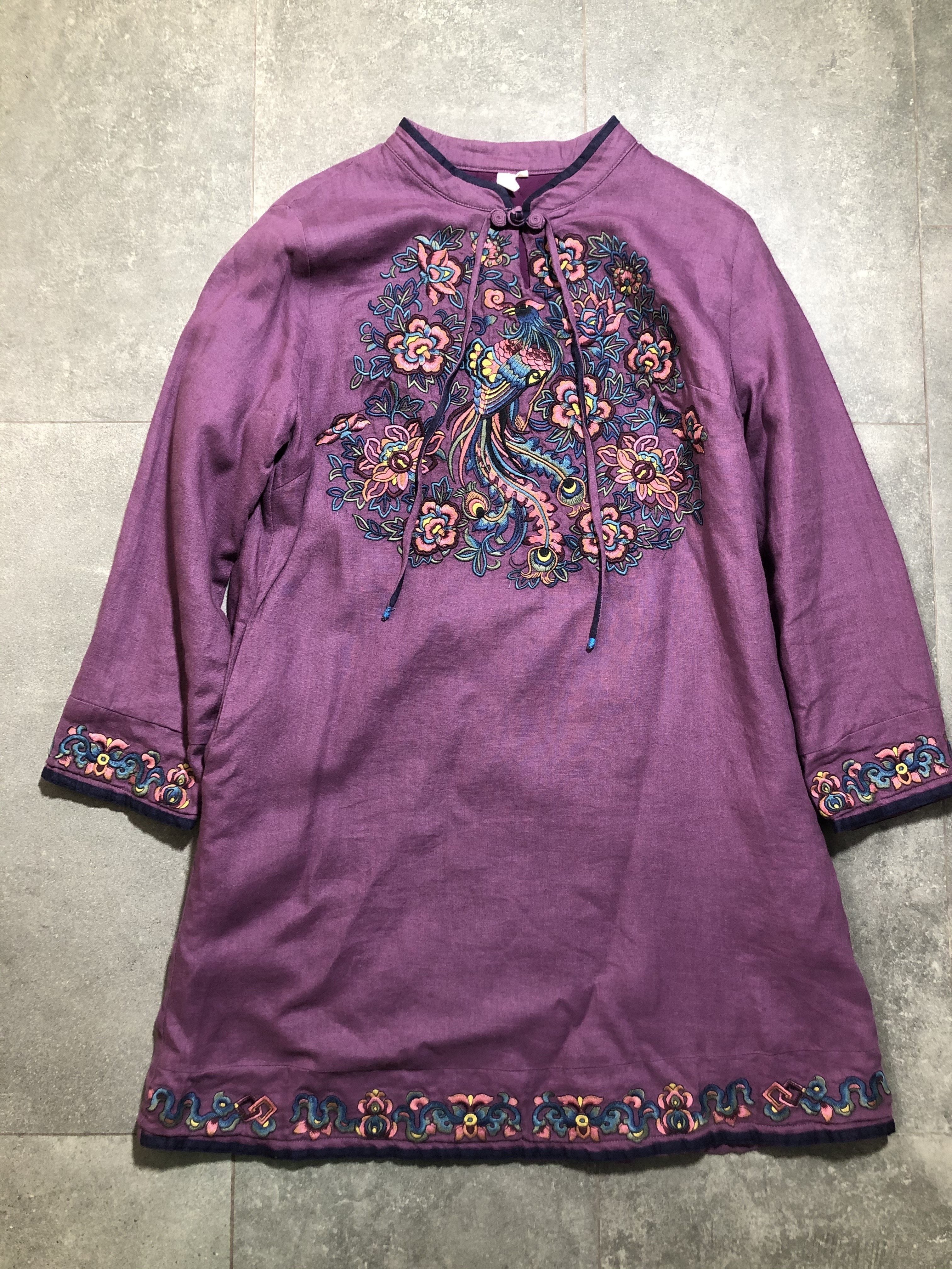 开春精品国风棉麻超美紫色刺绣精美长款薄棉衣/直接拍付/收货退运