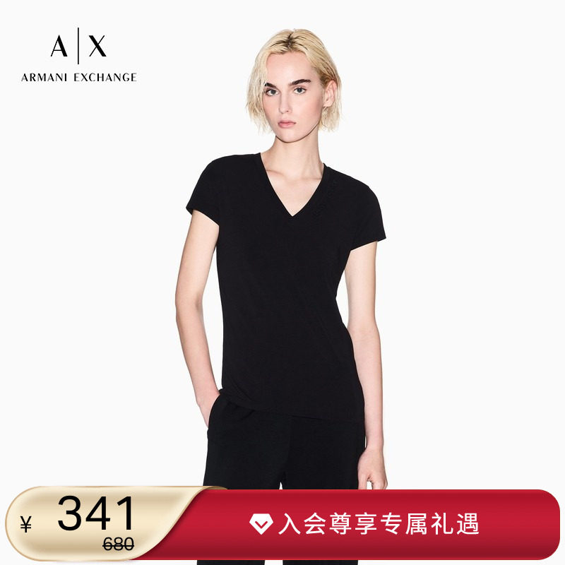 AX/阿玛尼女士弹力棉V领T恤衫