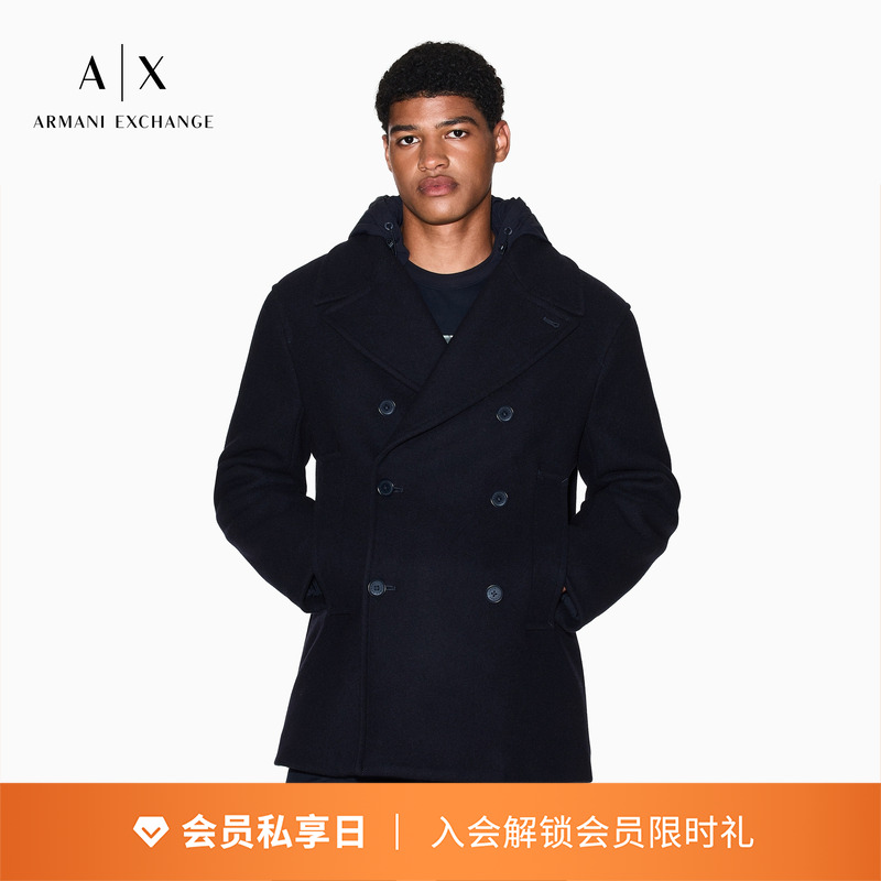 AX/阿玛尼男士绵羊毛双排扣大衣