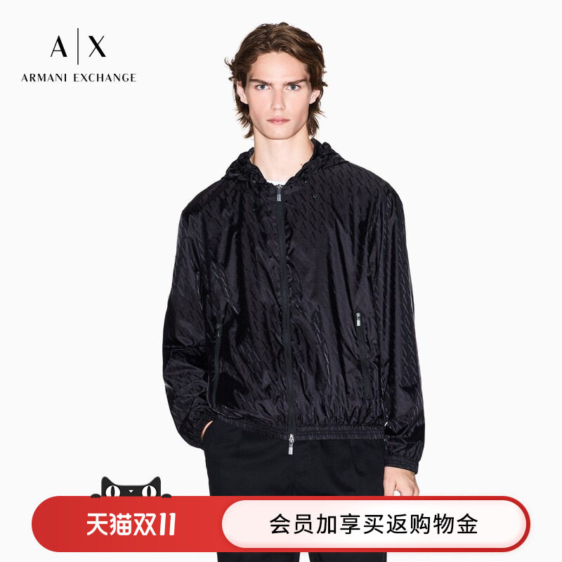 ARMANI EXCHANGE/阿玛尼秋冬男士连帽户外满印运动飞行员夹克外套