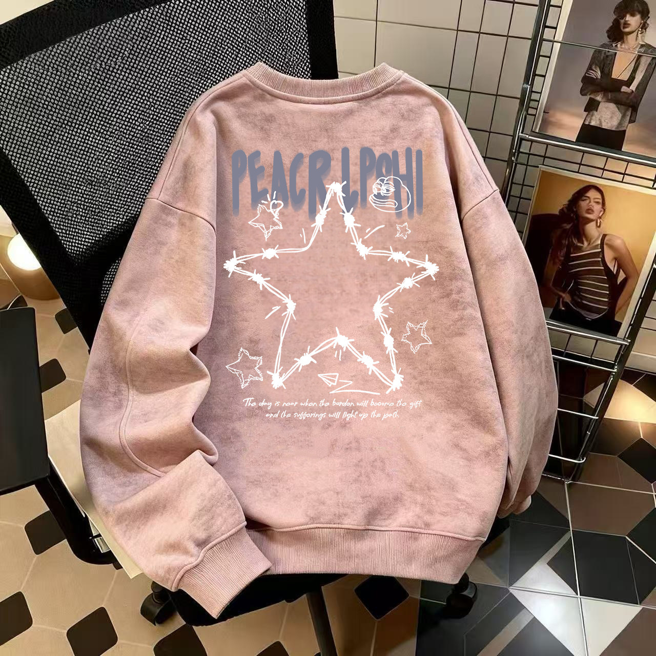 奥特莱斯~品牌外贸专柜捡漏秋冬加绒保暖扎染美式圆领宽松卫衣潮