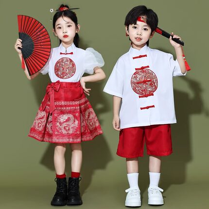 儿童汉服演出服男女童中国风唐装马面裙学生运动会班服表演合唱服