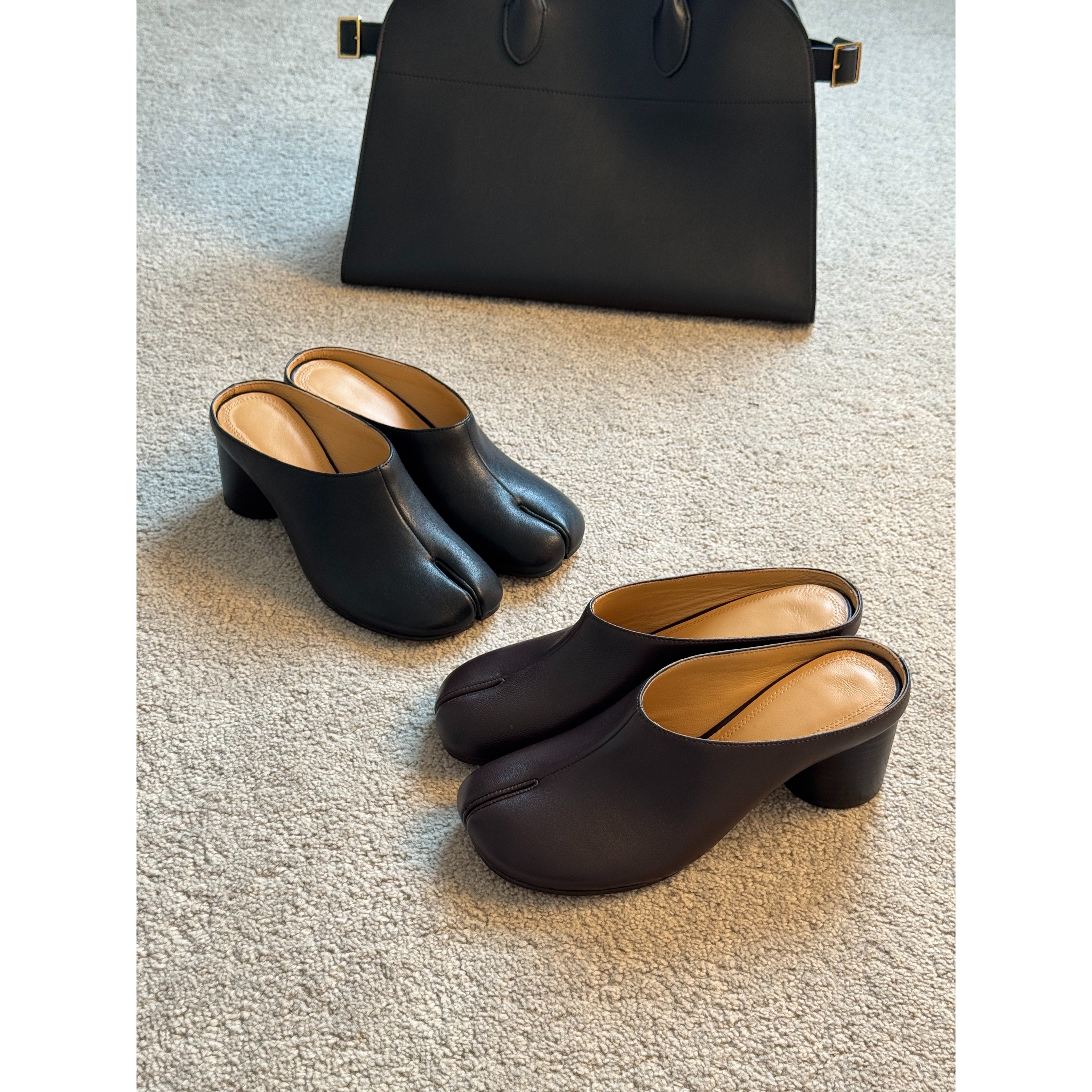 高跟一脚蹬分趾真皮包头拖鞋马蹄单鞋