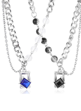 爆裂珠方糖情侣项链男女轻奢小众潮流钛钢毛衣链蓝色吊坠生日礼物