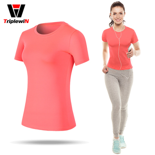 跑步运动纯色短袖T恤女 训练舞蹈瑜伽服骑行 速干透气紧身健身衣