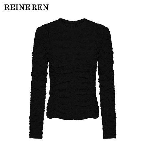REINEREN任茜设计师款2026新款显瘦黑色褶皱弹力长袖上衣T恤