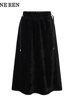 REINEREN任茜设计师款2026春季新款丝绒面黑色抽绳半裙