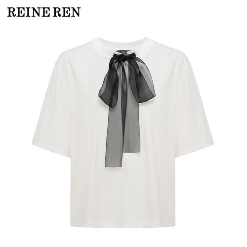 REINEREN任茜设计师款2026秋冬新款迷雾白撞色系丝带短袖T