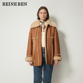 reineren任茜2025冬季 限量款 红棕色剪羊毛皮毛一体翻领外套