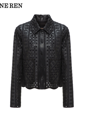 【现货】REINEREN任茜设计师款2025新品刺绣镂空花纹箱型PU短外套