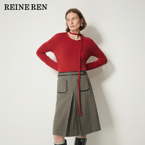 REINEREN设计师款新款新年穿搭红色系带修身打底针织