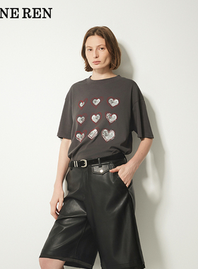 明星同款REINEREN设计师任茜25秋新品爱心印花陨石灰宽松短袖T