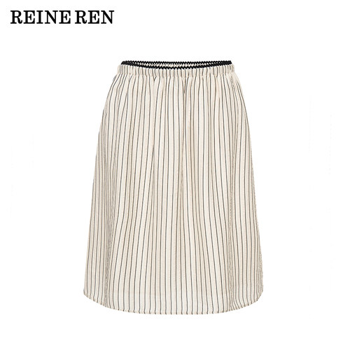 REINEREN任茜设计师款2026新款奶油花色条纹松紧腰半身裙