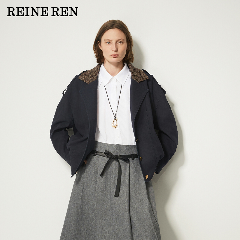 REINEREN任茜设计师款2025秋冬新款轻朋克拼接古巴领廓形外套