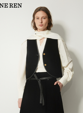 REINEREN任茜设计师款2026春季新款高级感短款黑色复古丝绒马甲女