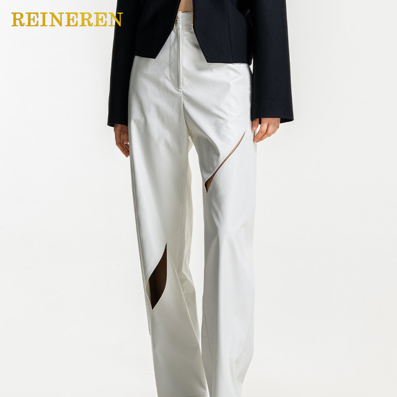 REINEREN任茜设计师款春夏新品廓形感镂空分割皮裤白色休闲长裤