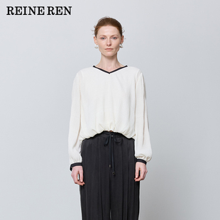 REINEREN任茜设计师款 气球型V领撞色廓形褶皱感上衣女 2026春新款