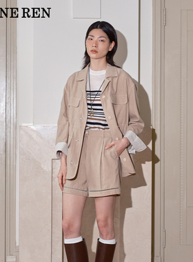 REINEREN设计师任茜2025新品棉麻拼接缎面工装外套短裤套装