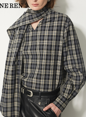 【现货】REINEREN房东的猫吴佩岭同款复古黑白格纹飘带长袖衬衫女