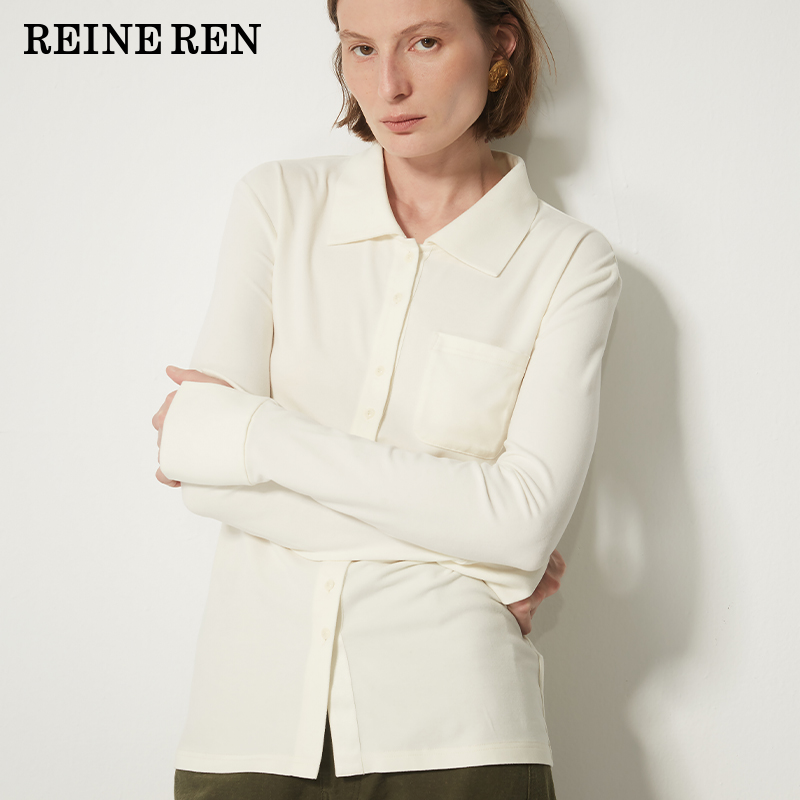 REINEREN任茜设计师款2025秋冬新款polo领米白色弹力打底针织上衣
