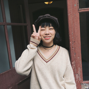 ▲ASIBANNAC▼复古奶咖色燕麦色撞色条纹宽松V领套头针织衫毛衣女