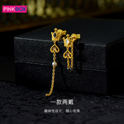 PINKBOX/娉饰珠宝哥特女王黄金耳钉女 足金镶嵌珐琅皇冠爱心耳饰