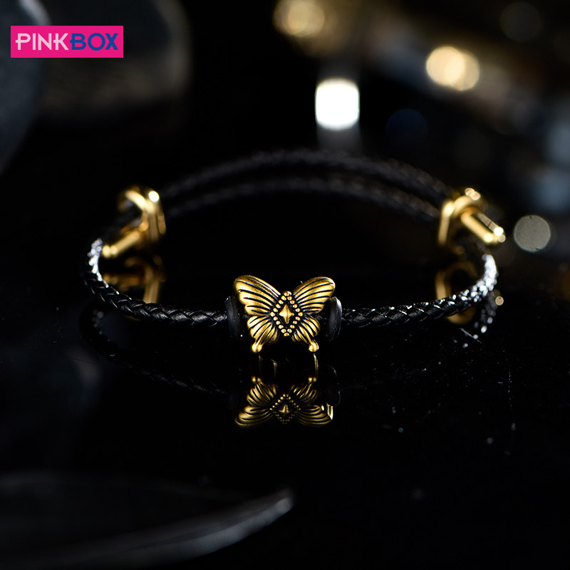 PINKBOX/娉饰珠宝黑金手绳共振蝶舞黄金5D硬金转运珠手链高考