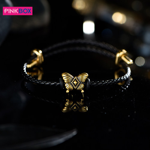 PINKBOX/娉饰珠宝黑金手绳共振蝶舞黄金5D硬金转运珠手链轻奢