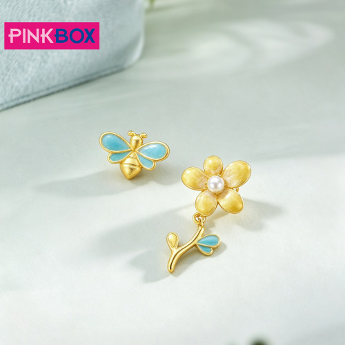 PINKBOX/娉饰珠宝蜂恋繁花足金黄金耳饰蜜蜂花型轻奢女友礼物新品