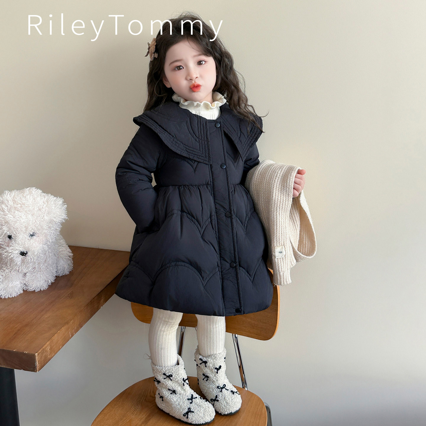 英国RileyTommy女童羽绒服休闲风中长款加厚新款高蓬白鸭绒冬装潮