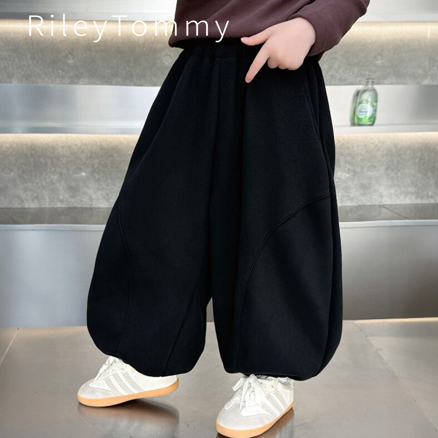 英国RileyTommy男童秋冬新款一体绒弯刀裤儿童加绒裤加厚运动卫裤