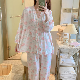 两件套女士夏款 棉绸长袖 新款 甜美绵绸家居服人造棉套装 睡衣女夏季